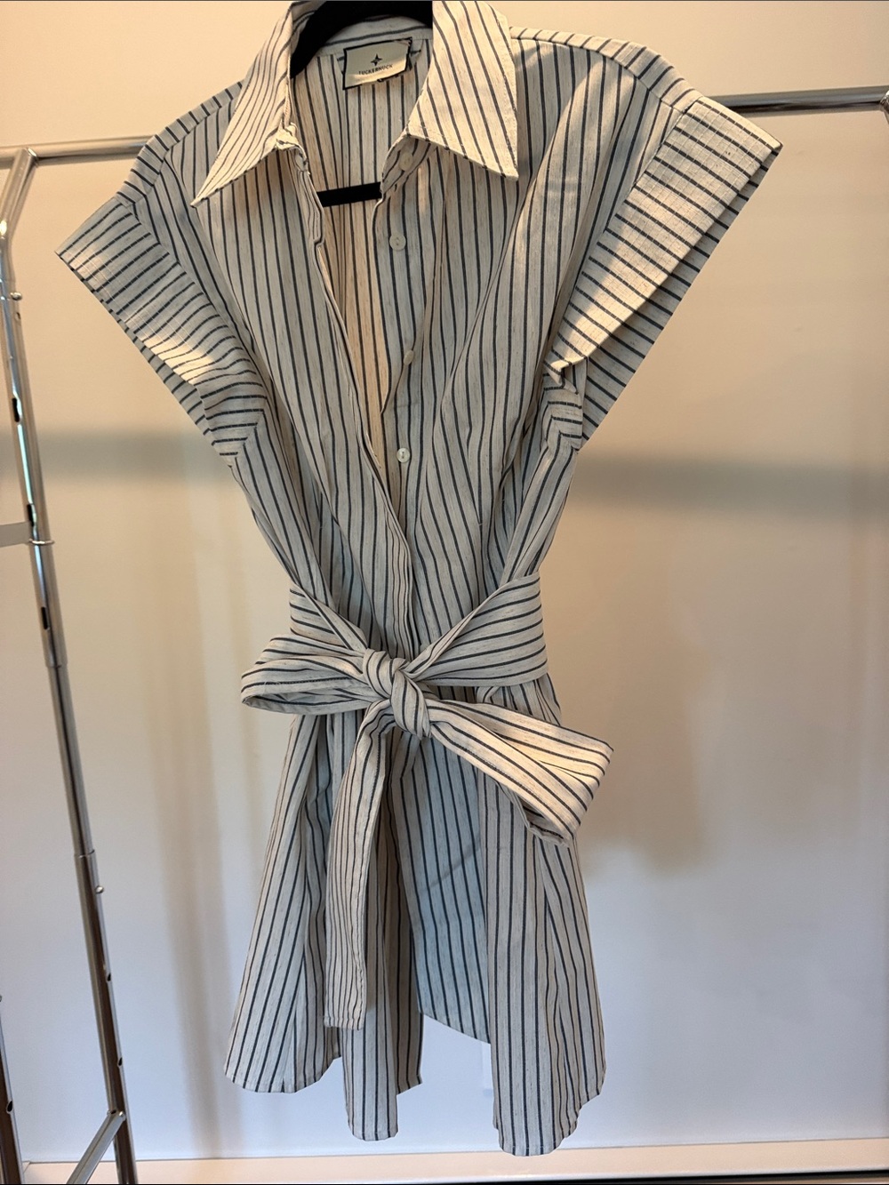 Tuckernuck Vertical Stripe Tie-Waist Midi Dress in White and Black